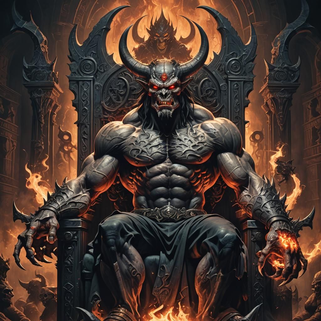 Muscular Tattooed Demon on Throne: Sinister Aesthetic
