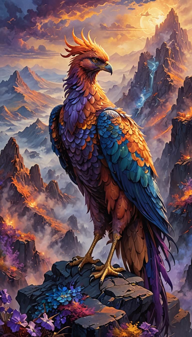 Gorgeous Phoenix on Volcanic Mountain in Oil Painting Style