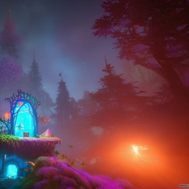 Faerie fantasy house in a Psychedelic fantasy forest