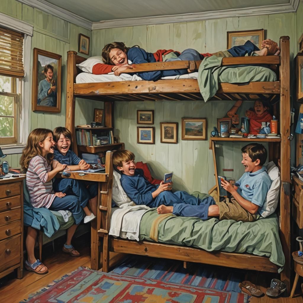Children's Laughter: Oil Painting of Bunk Beds
