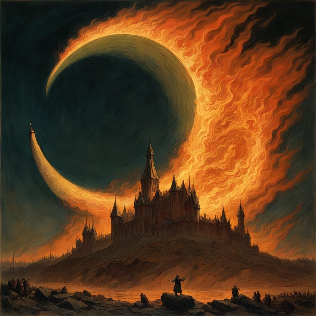 Fiery Crescent Moon in Dark Romantic Style