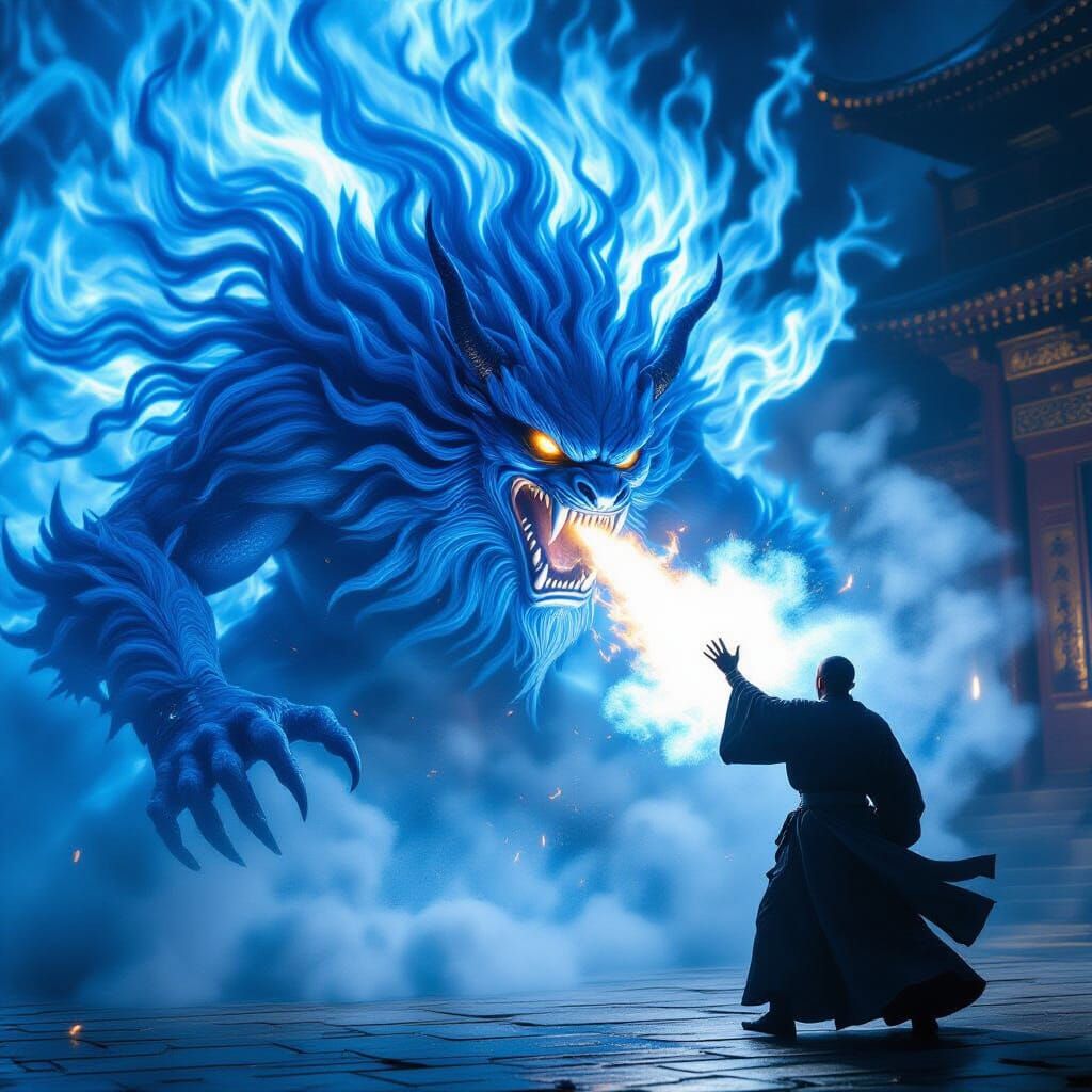 Monk Blasts Finery Monster with Blue Flame