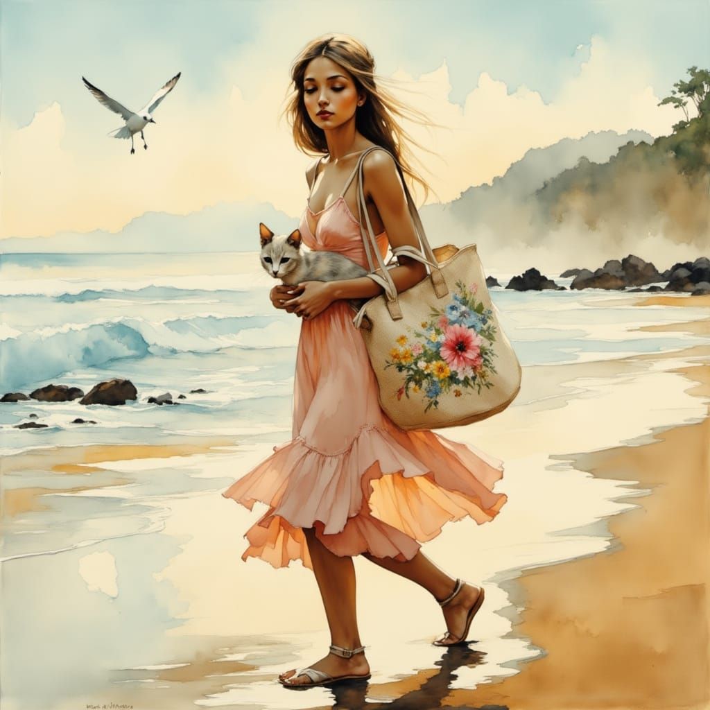 Peaceful Beach Scene with Woman and Kitty