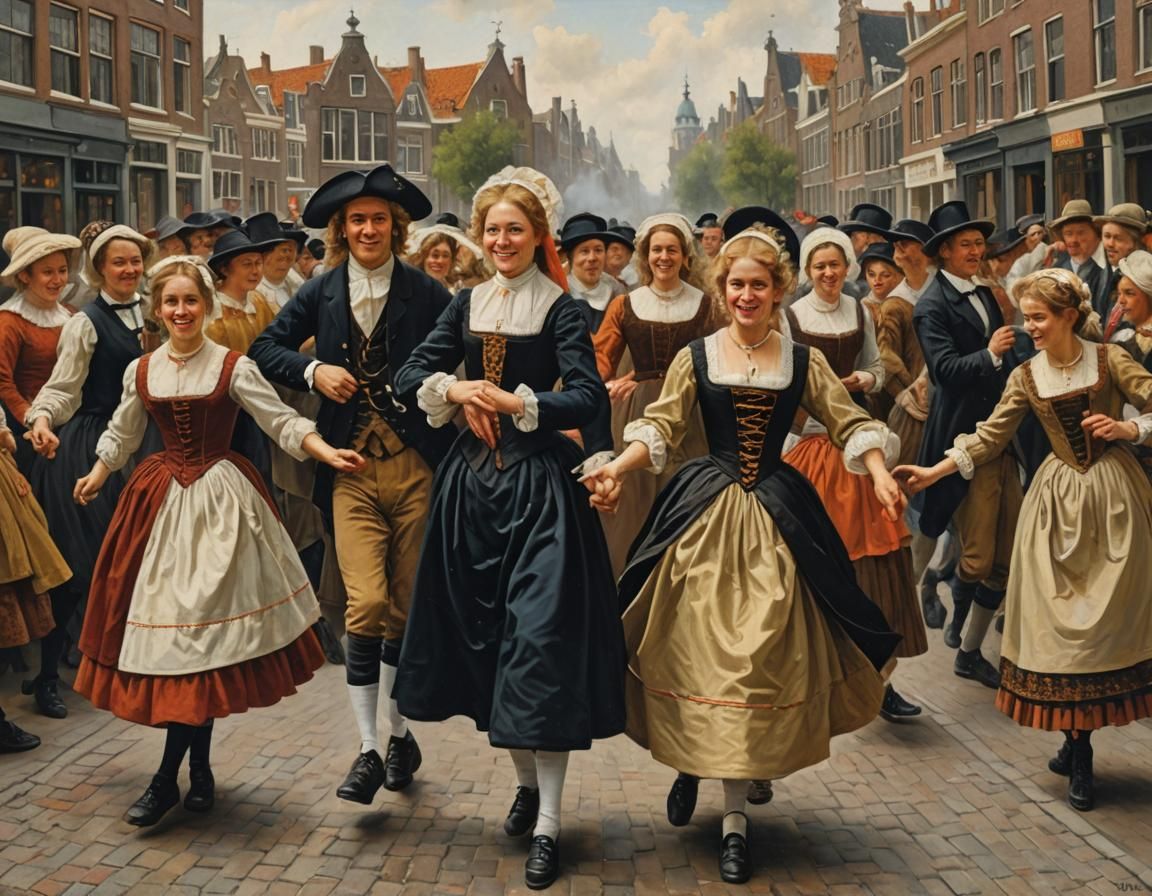 Dancing Dutch Children in Traditional Dress, Oil Painting