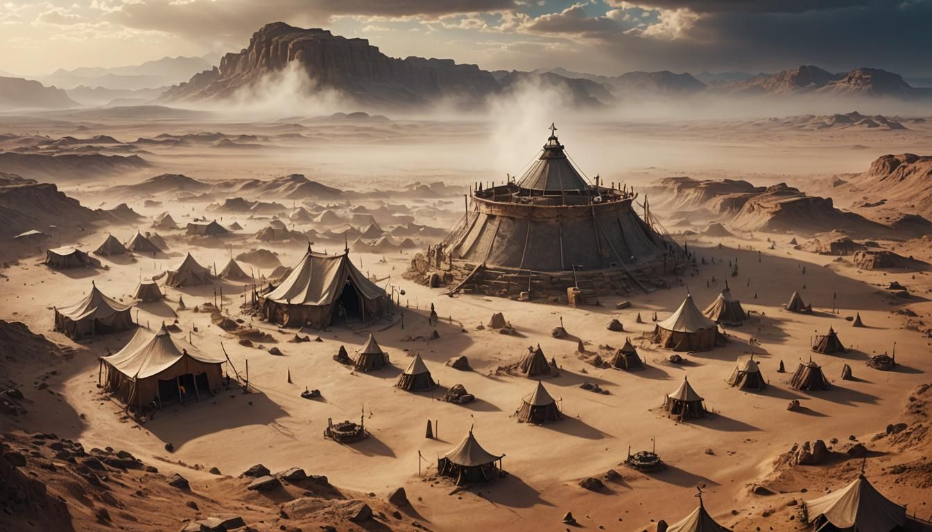 Desert Oasis: Ancient Tents and Stone Well in Fog