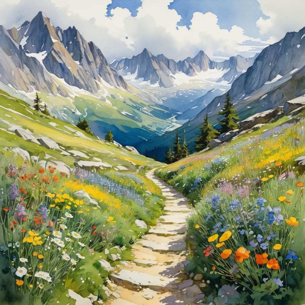 Alpine Path in Watercolor Style