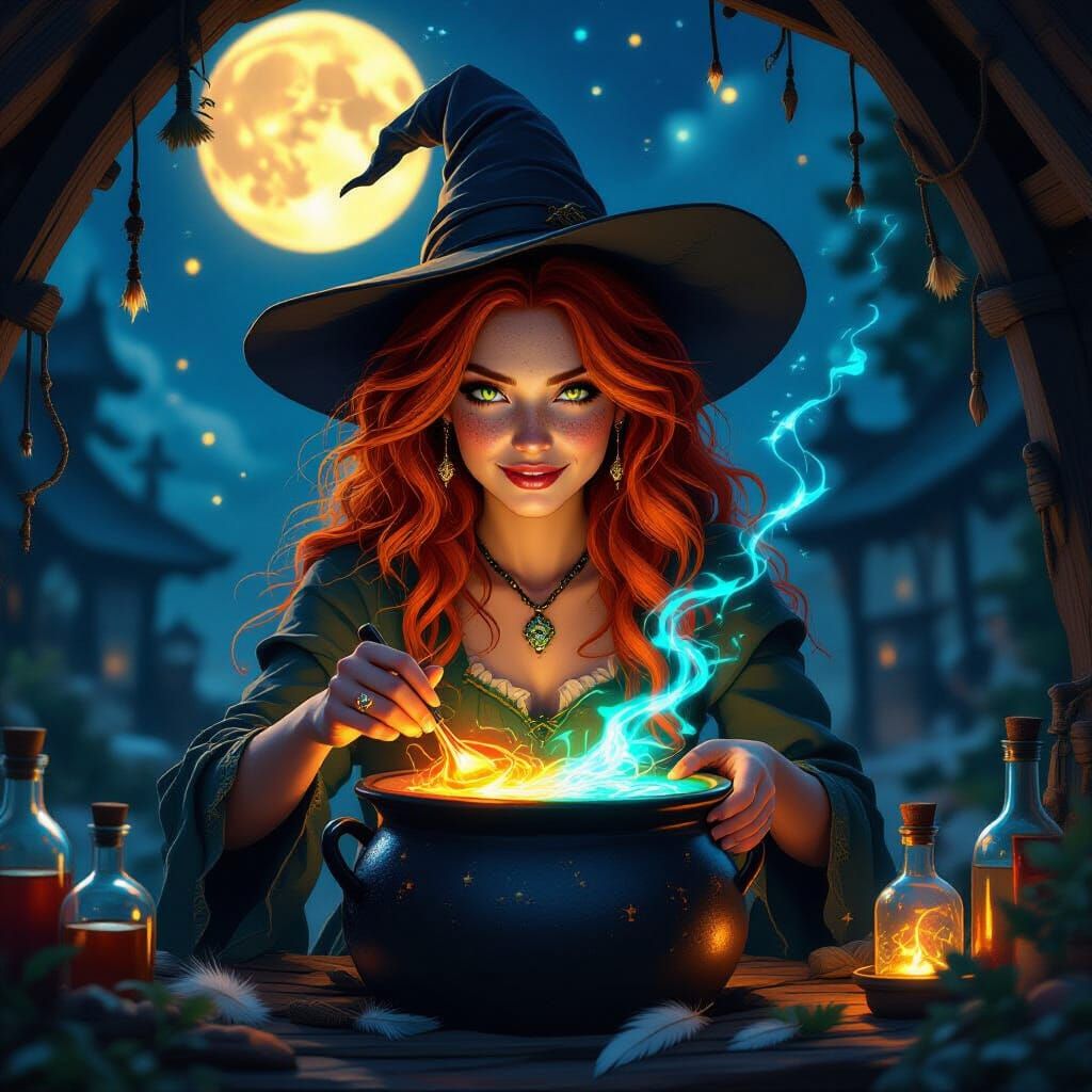 Red-Haired Witch Brews Magical Aurora Potion in Painterly Mo...