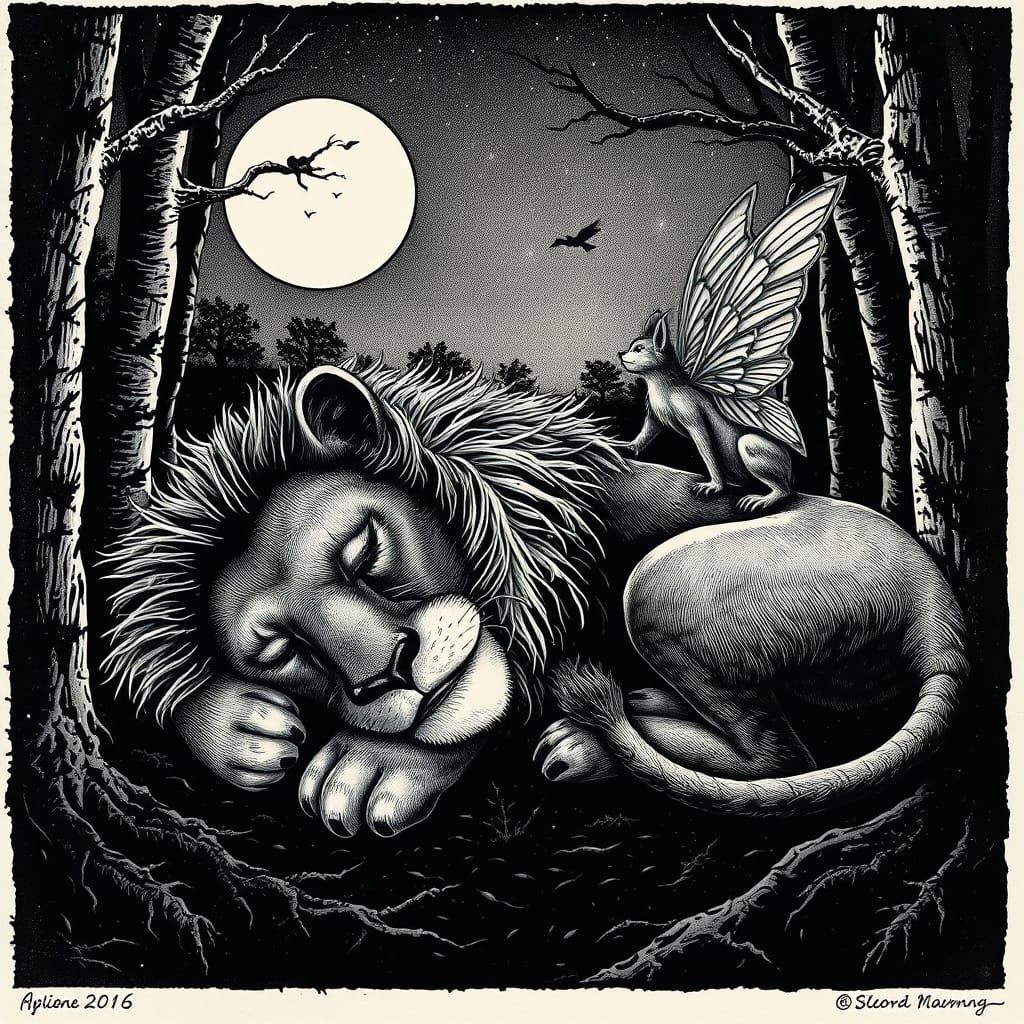 Pixie Whispering to Lion in Moonlit Linocut