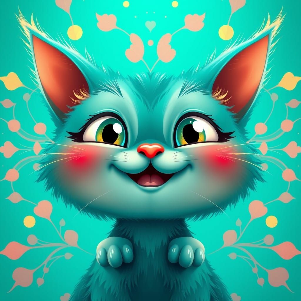 Vibrant Turquoise Cartoon Cat in Joyful Laughter