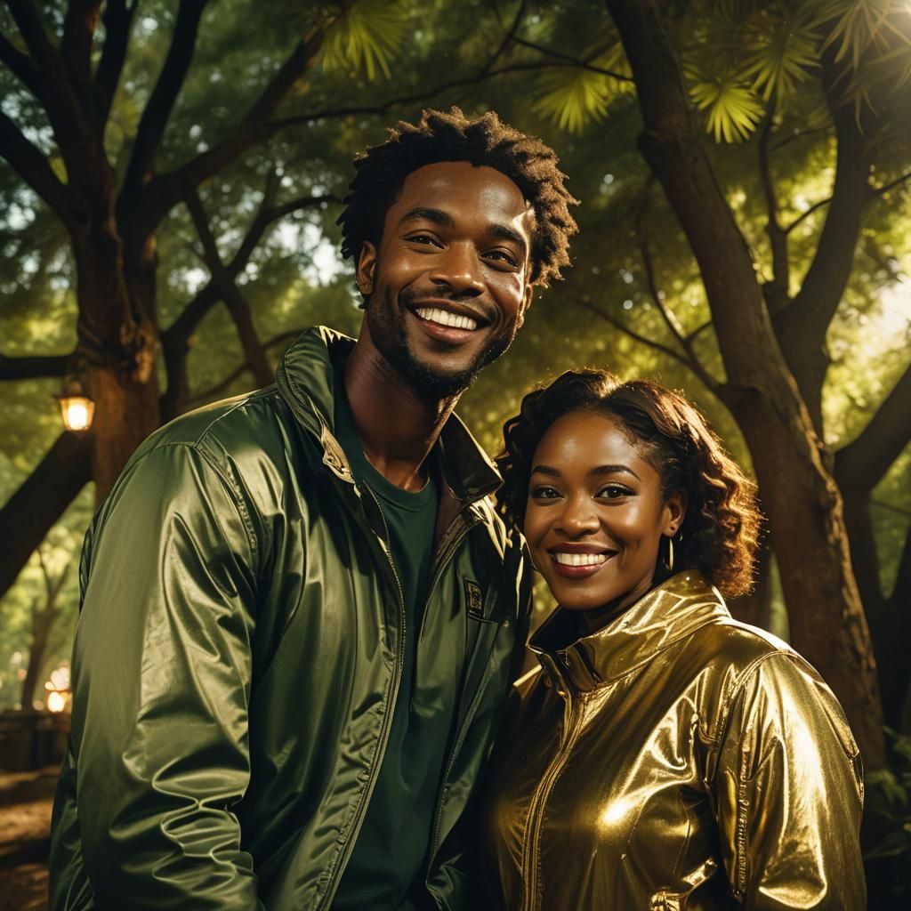 Smiling Black Couple in Green and Gold Clothing