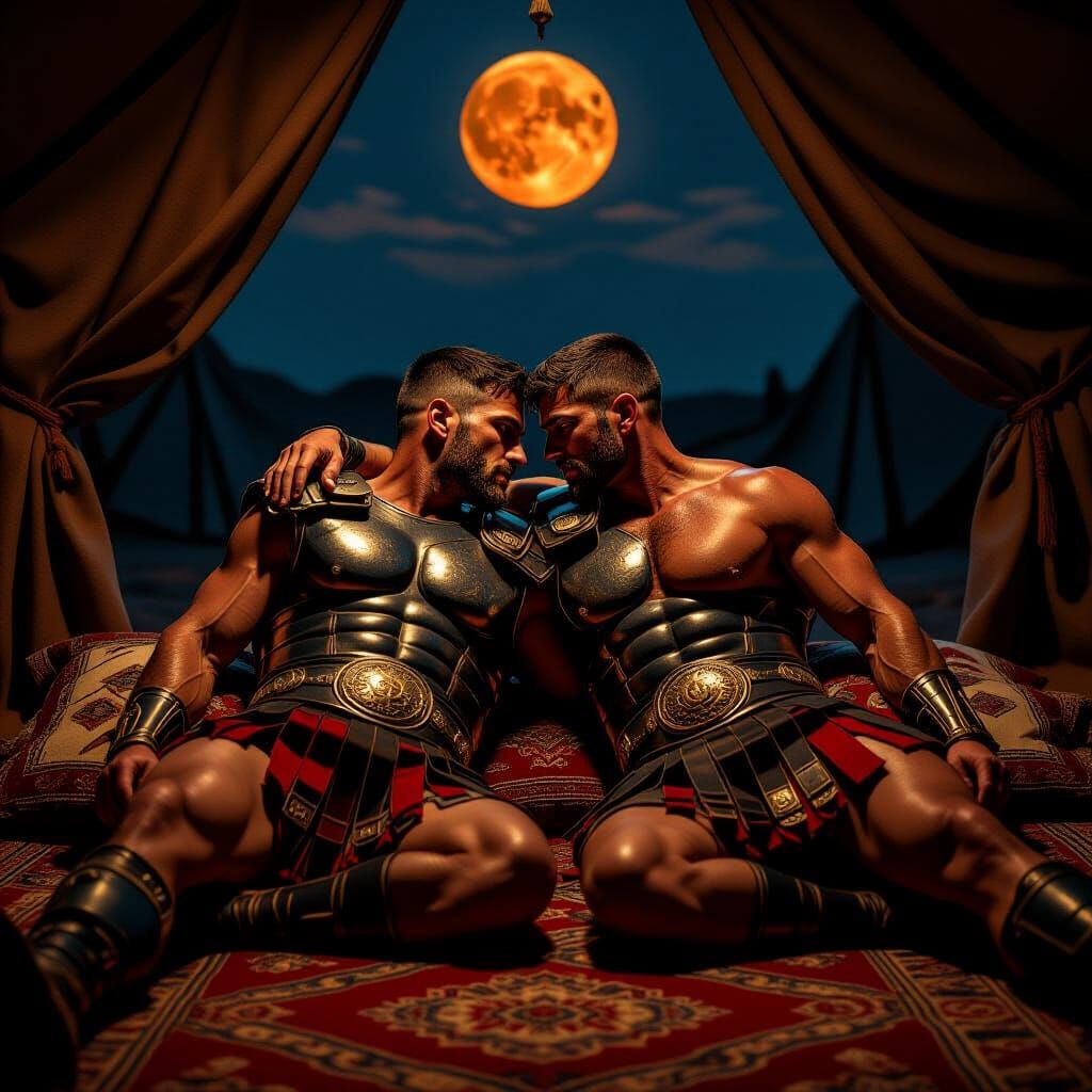 Muscular Centurions Embrace Under Orange Moon