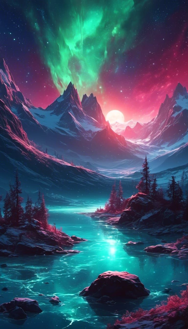 Bioluminescent Aurora with Blood Moon at Night