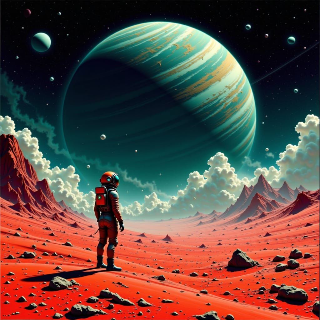 Astronaut on Mars Views Jupiter Storm in Retro Sci-Fi Style