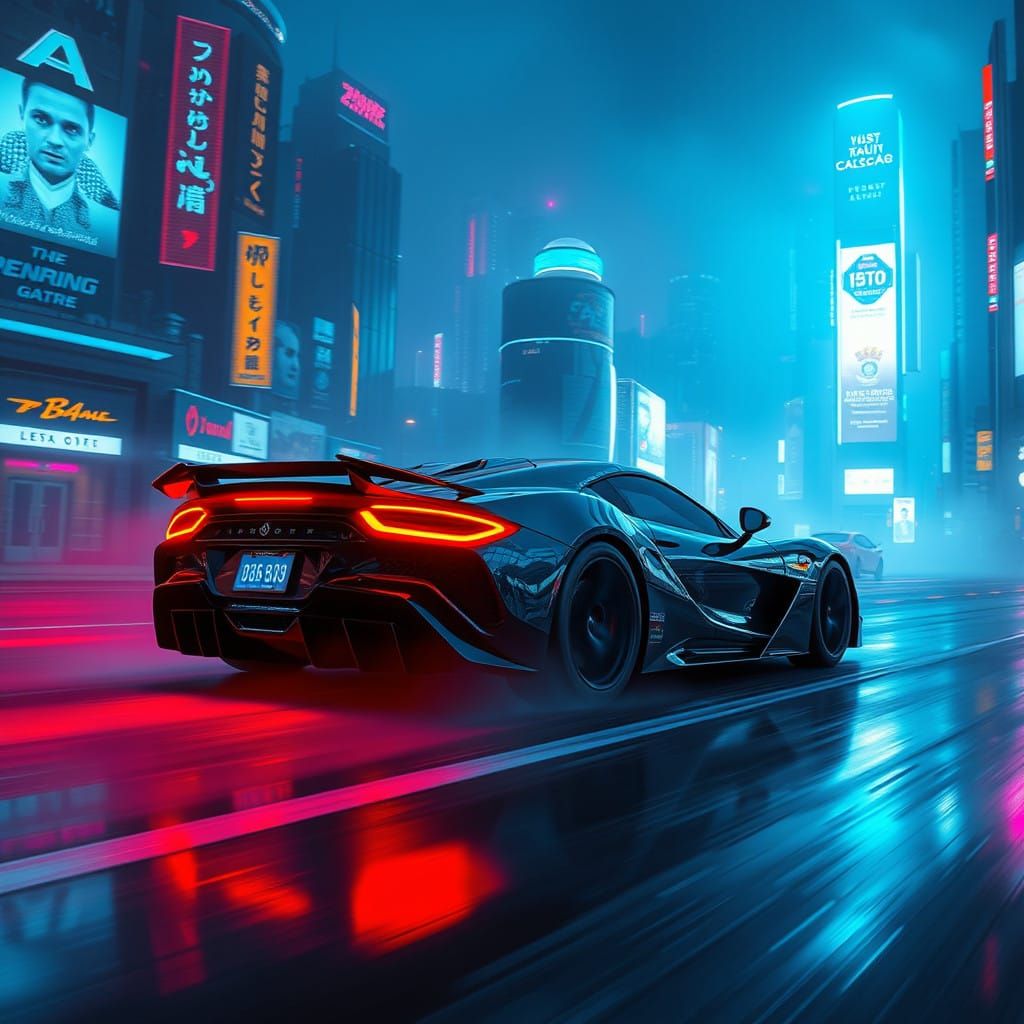 Electric Blue Sports Car Speeds Through Cyberpunk Cityscape...
