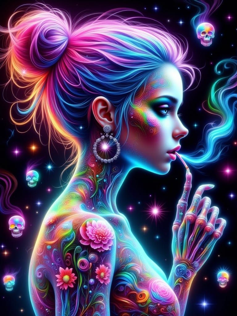 Neon Skeleton Woman with Vibrant Hair