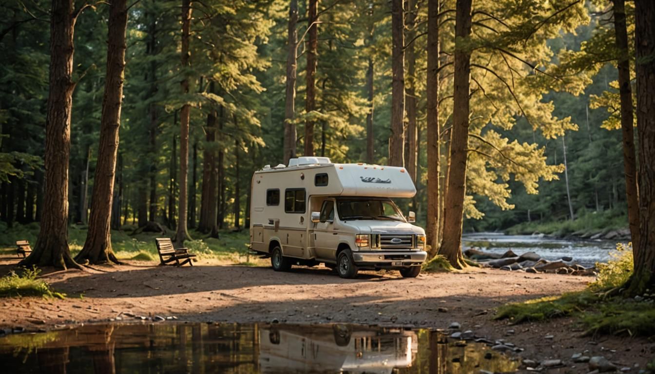 Ford Camper by River at Golden Hour