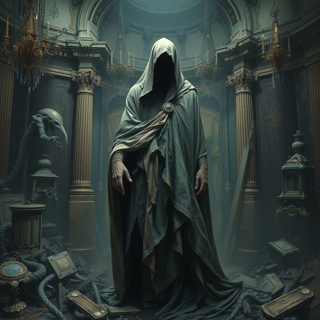 Decadent Figure Amidst Crumbling Opulence