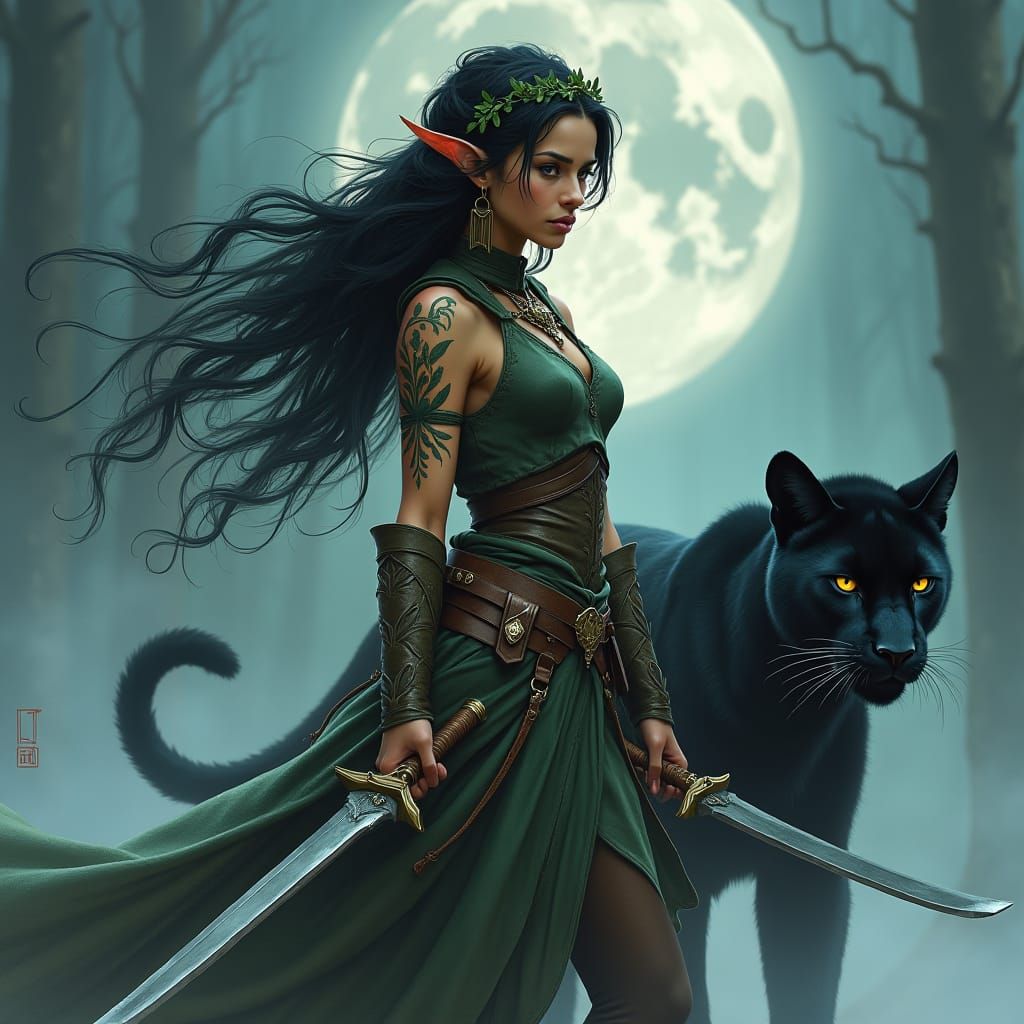 Mystical Elf Ranger with Panther in Ethereal Forest