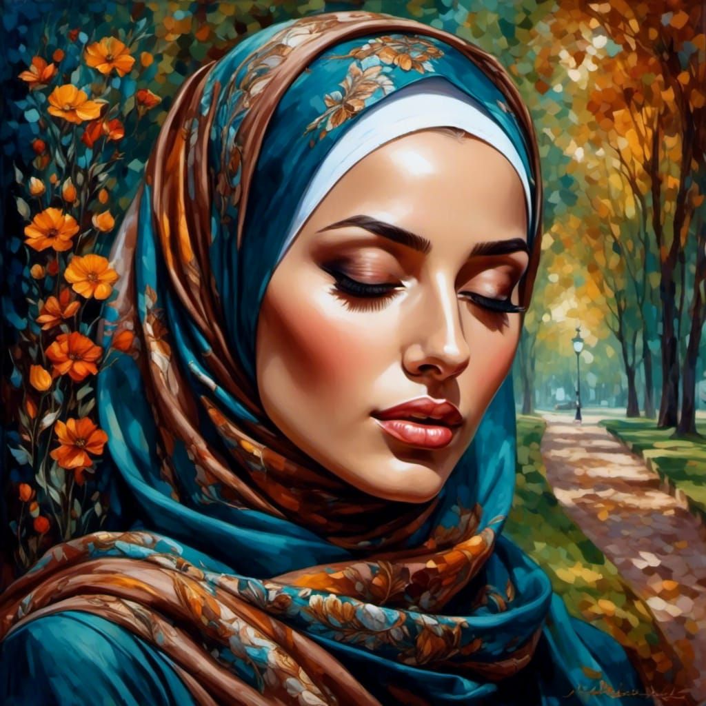 European Woman in Hijab Portrait as Oil Painting