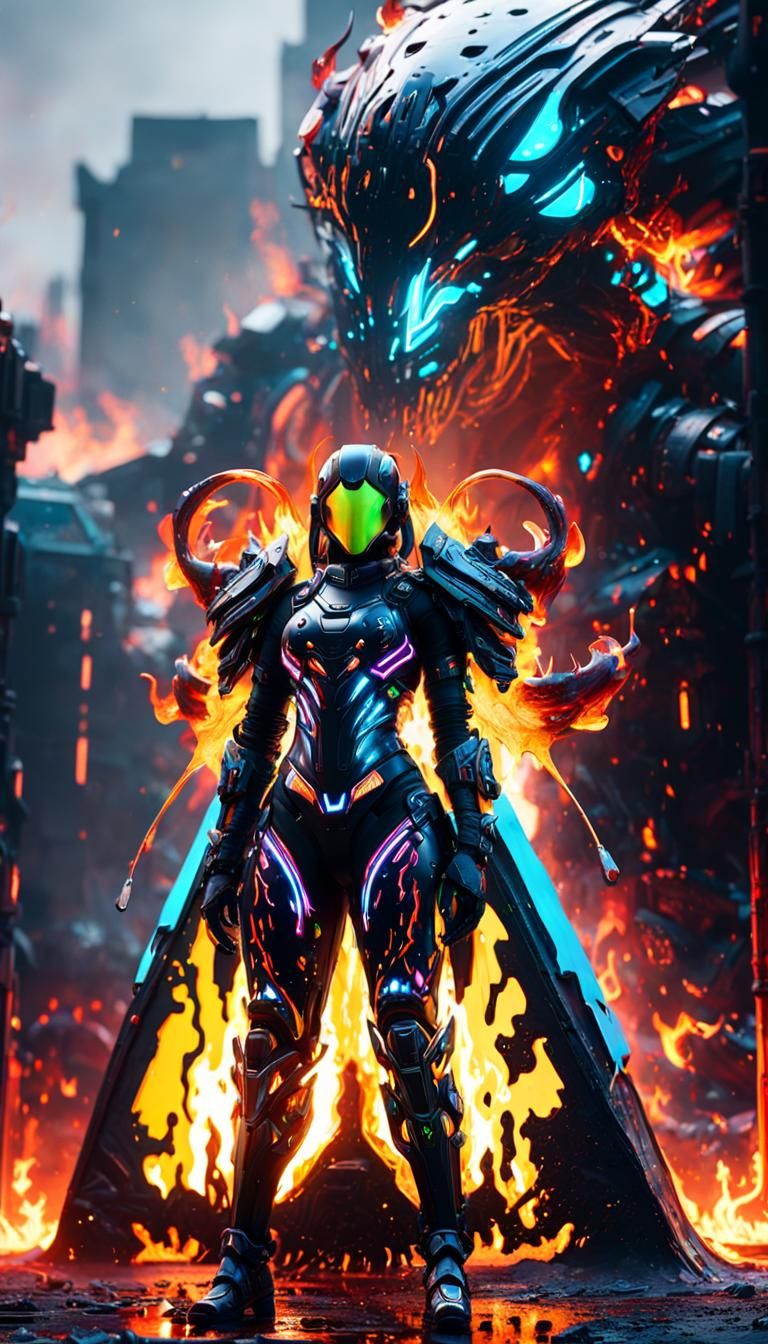 Sci-Fi Slime Girl in Flames: Hyper-Realistic Digital Art