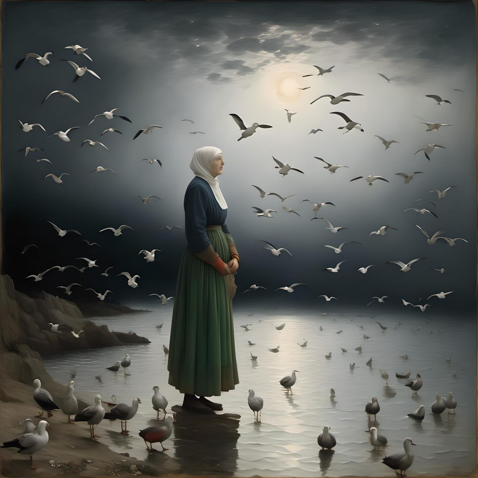 Foggy Ocean Scene with Seabirds