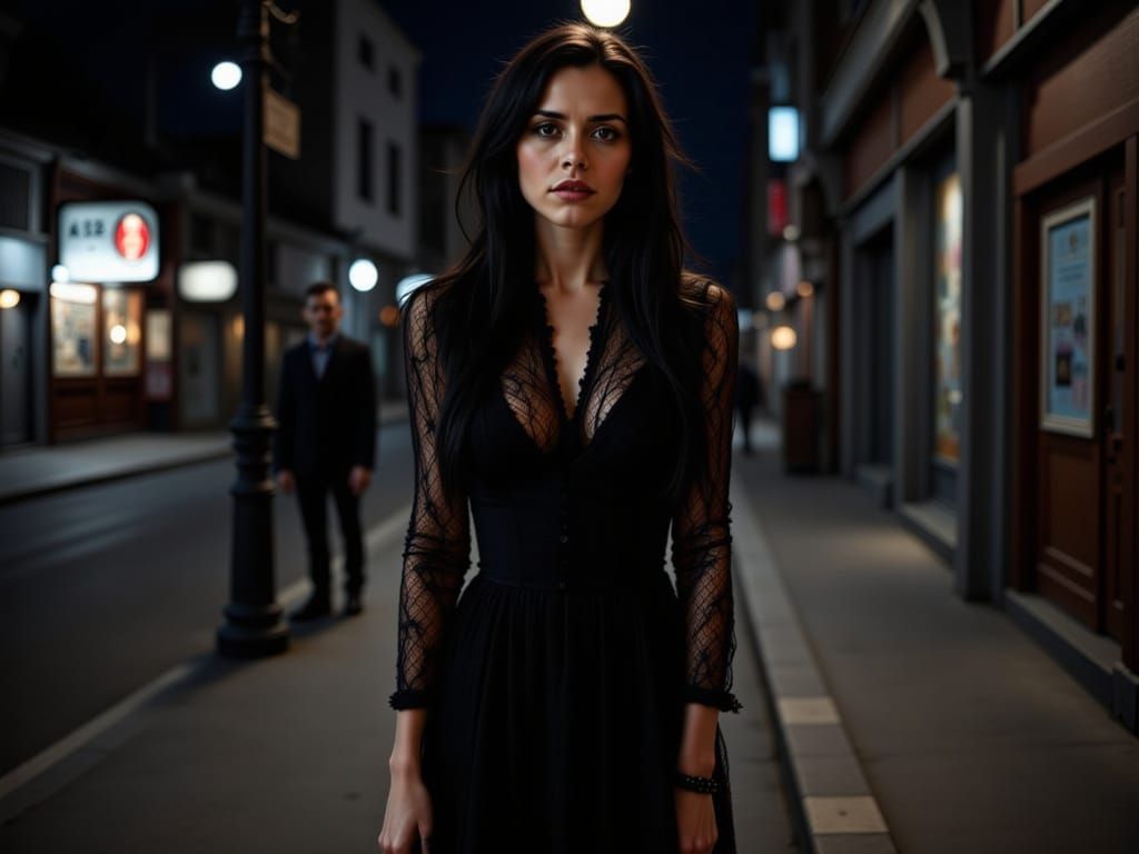 Woman in Black Dress with Red Vein Crochet Details at Night