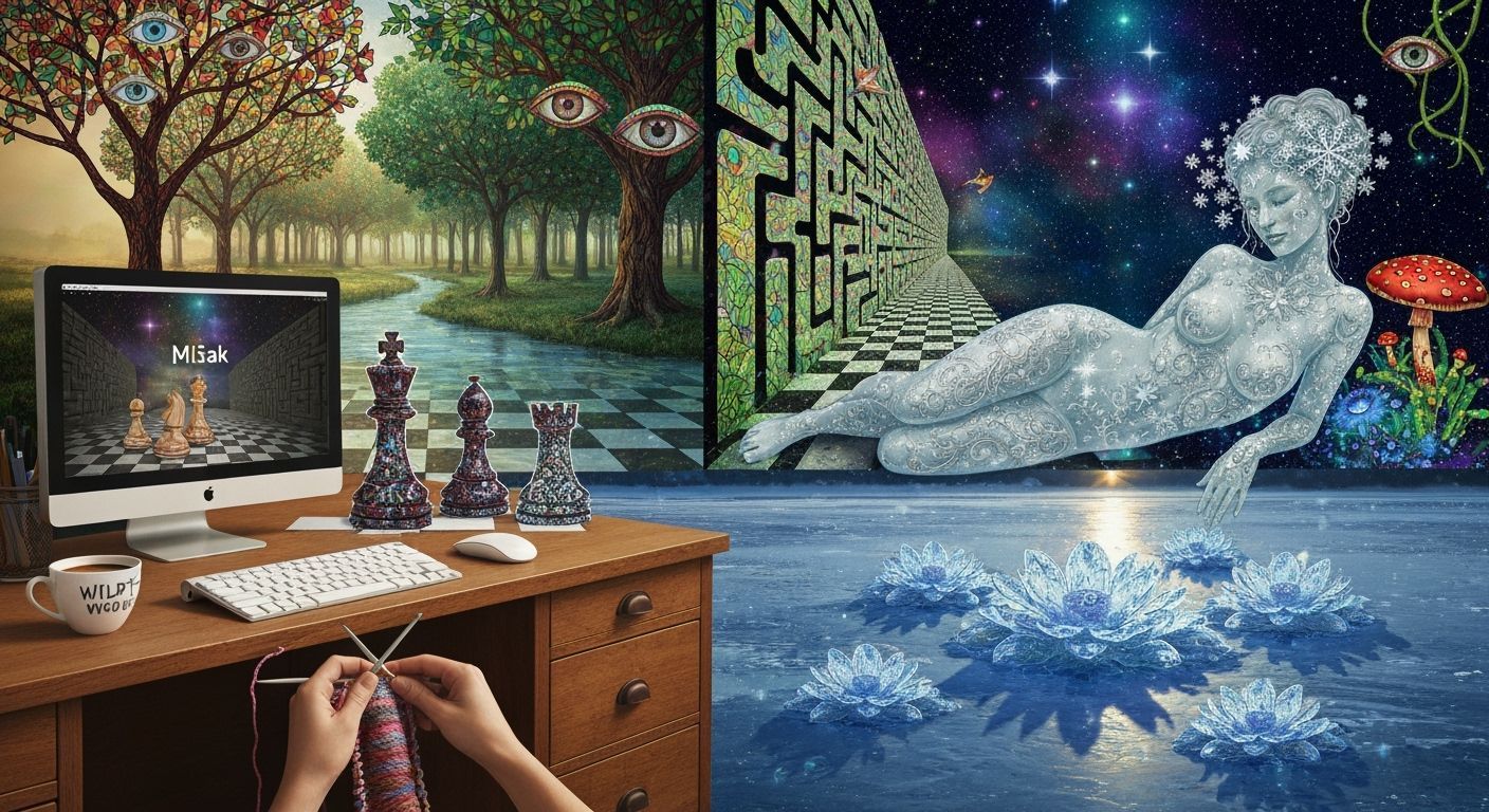 Surreal Cosmic Chess Scene with Forest Glade