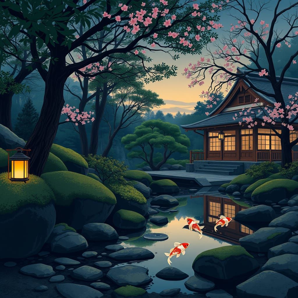 Japanese Garden at Twilight in Ukiyo-e Style