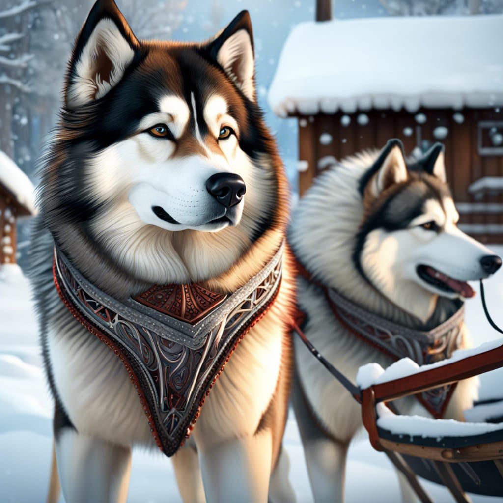 Detailed Malamute in Winter Landscape