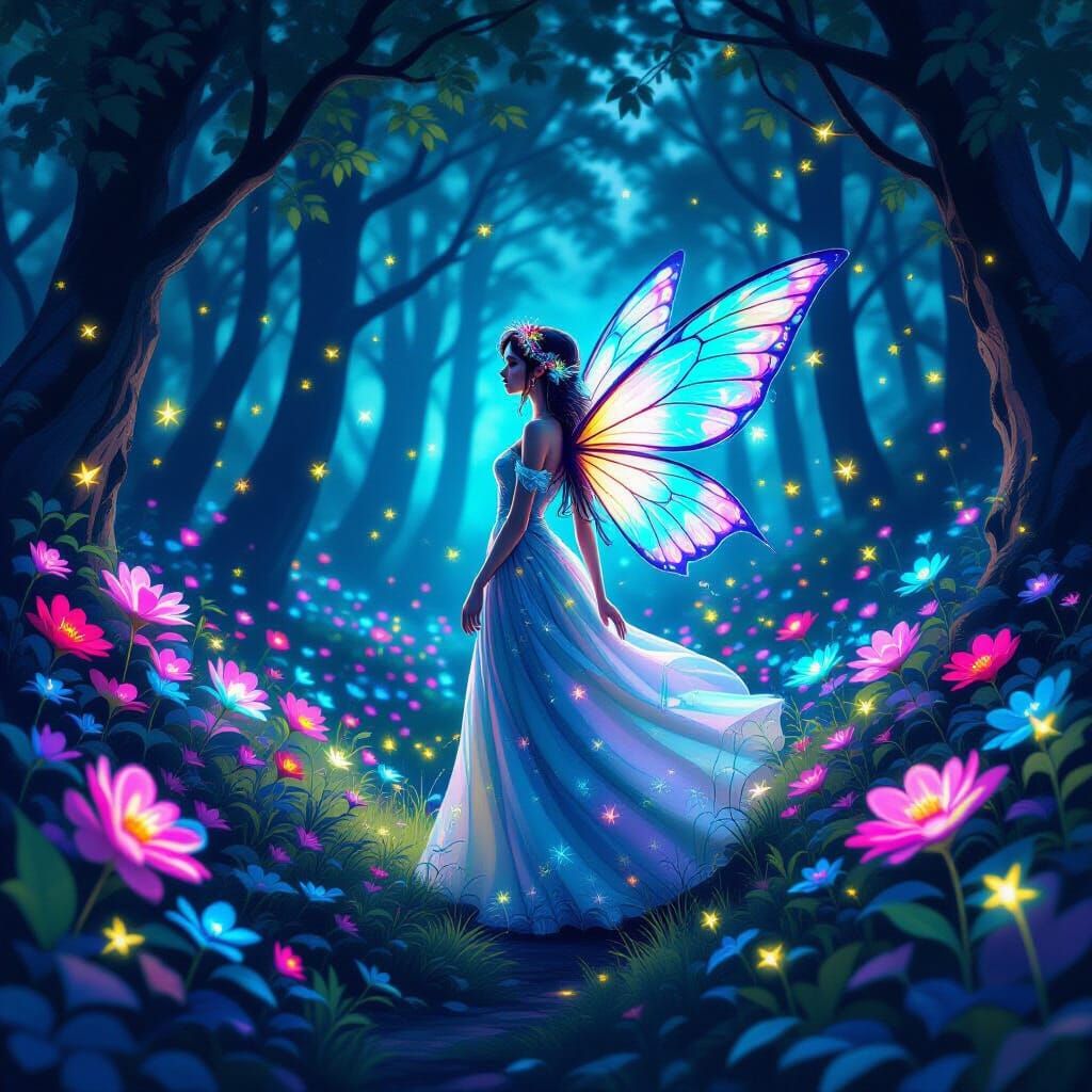 Neon Fairy in Luminous Forest, Digital Painting