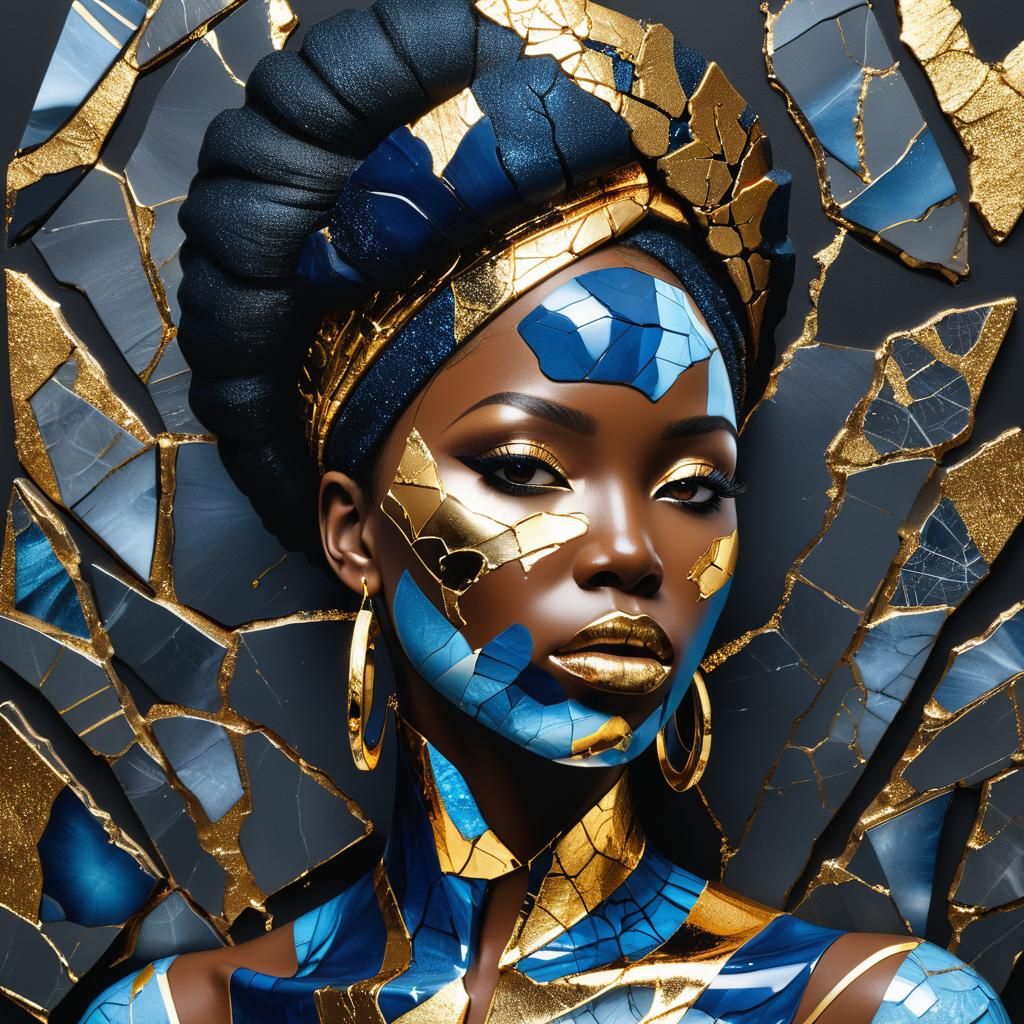 African Woman Portrait in Cracked Acrylic and Porcelain