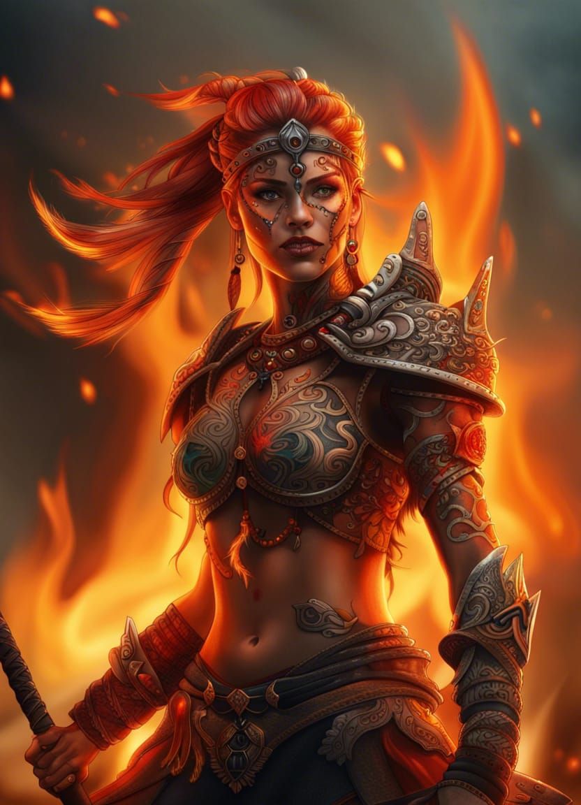 Fiery Warrior Girl with Detailed Tattoos in 8K