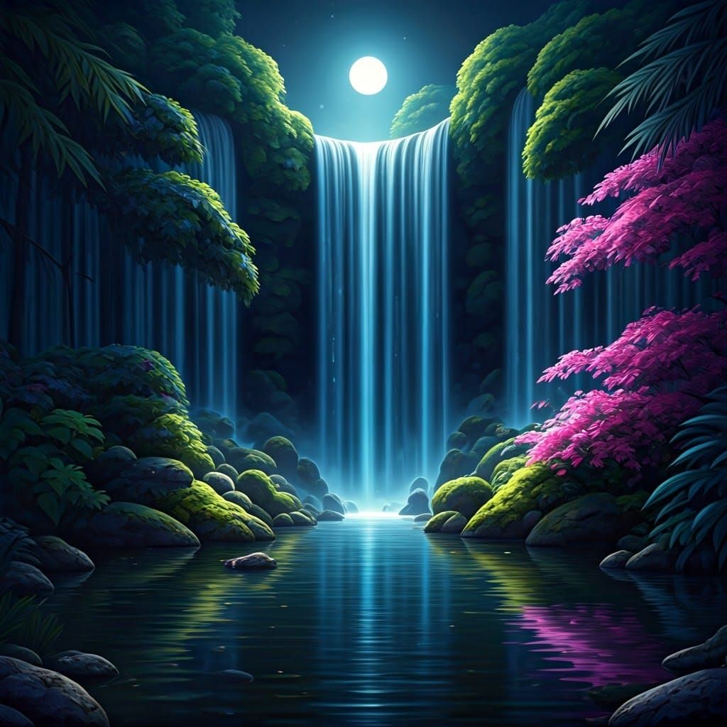 Hyperrealistic Night Waterfall in Pond Splash Art