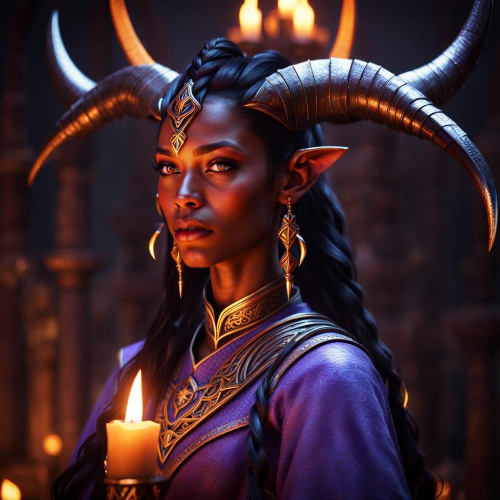 Alluring Tiefling Cleric in Candlelight Temple