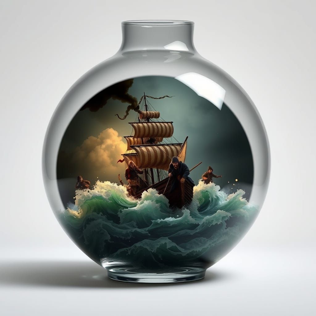 Dramatic Miniature World Inside Transparent Glass Vase