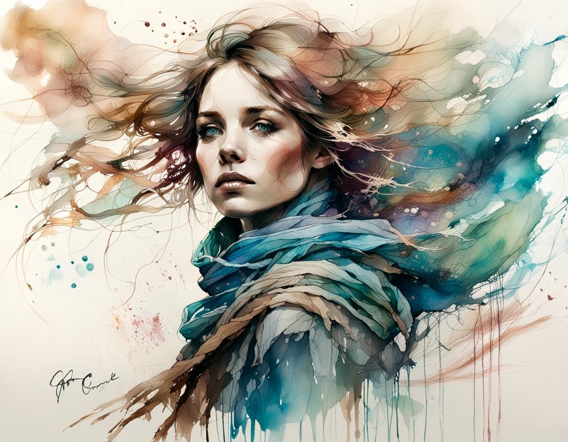 Young Woman with Scarf in Alcohol Ink Style