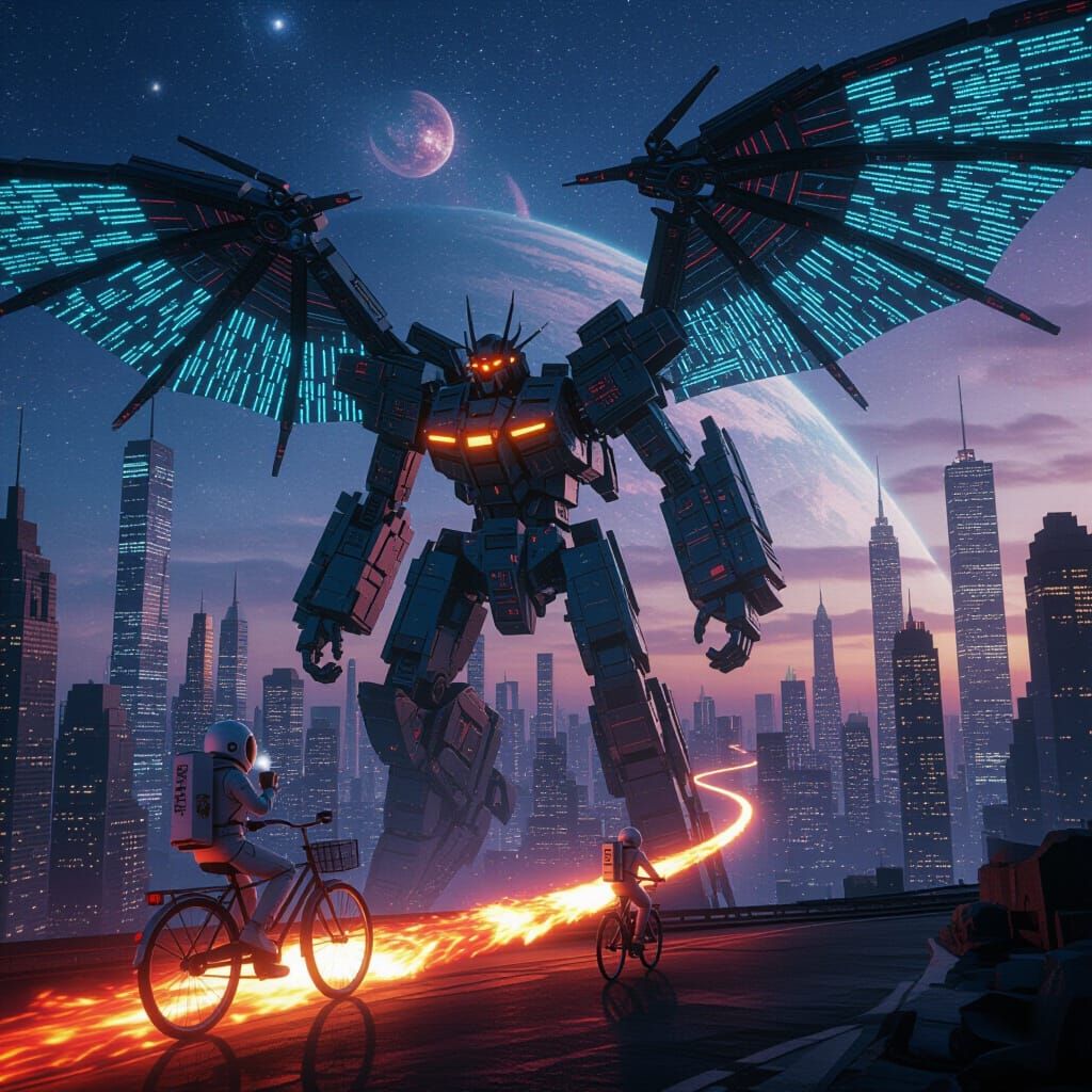 Cyberpunk Mech-Dragon Soars Through Starry Galaxy