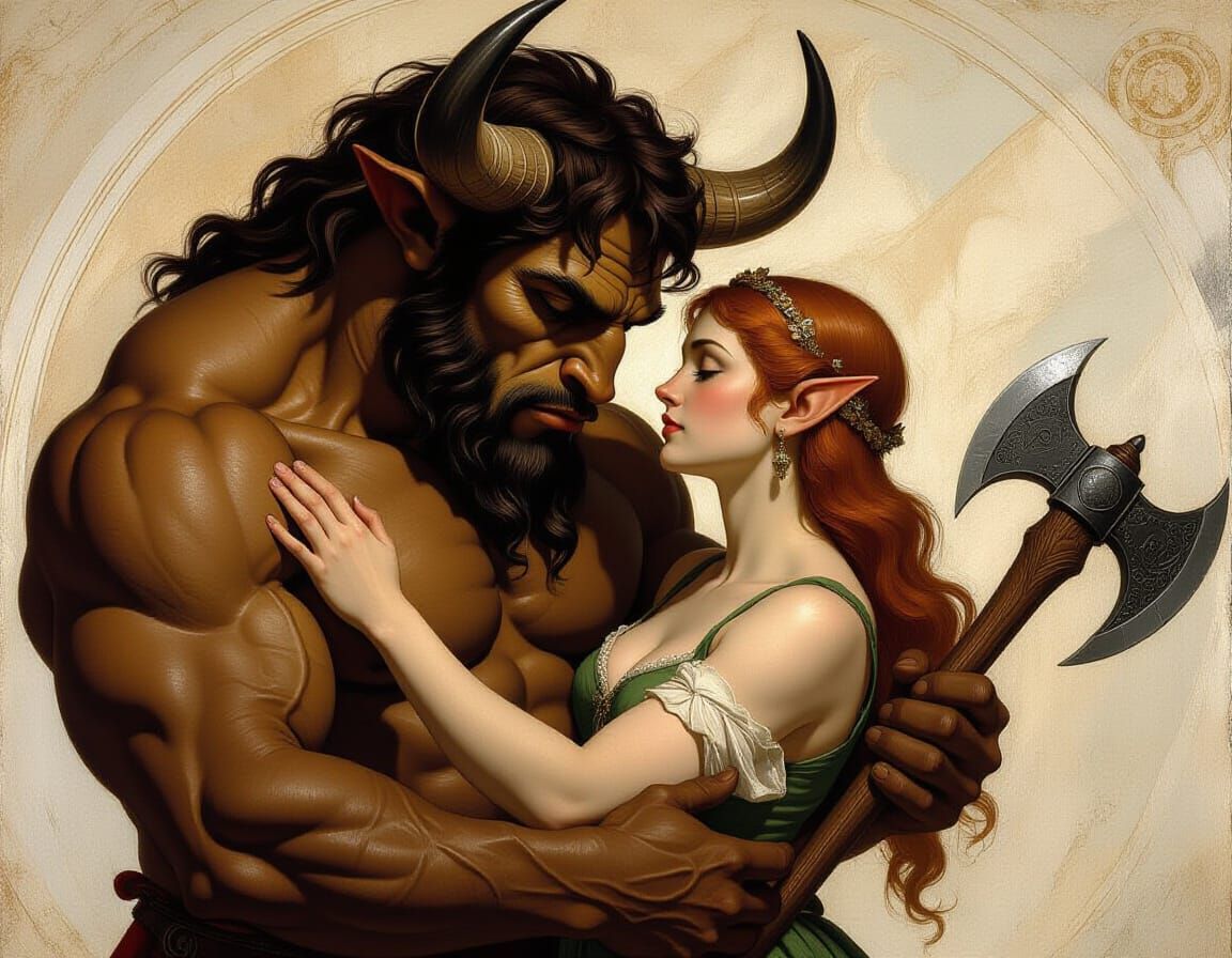 Renaissance Masterpiece: Elf Woman's Love for Minotaur