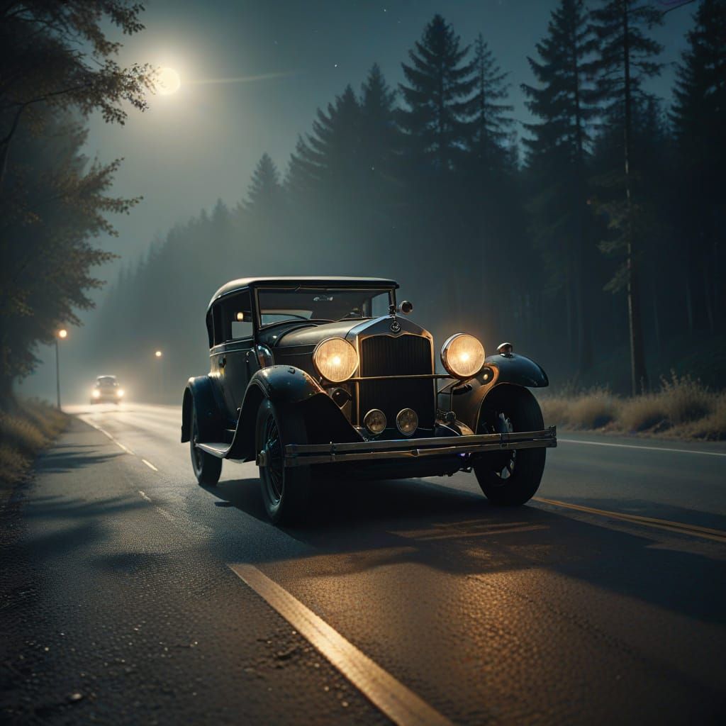 Vintage Car Speeds Down Moonlit Highway in Hollywood Golden ...