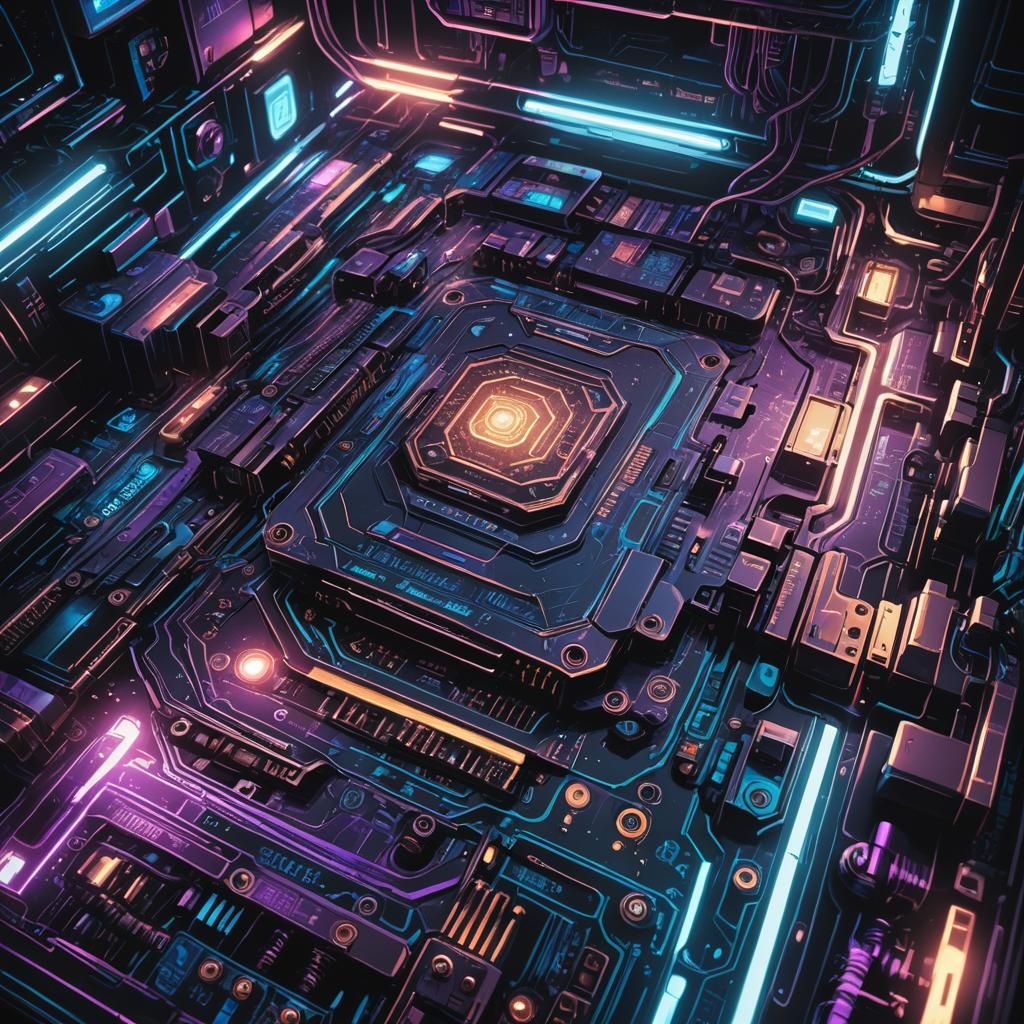 Cyberpunk Device with Glowing Circuits in Dark Lab