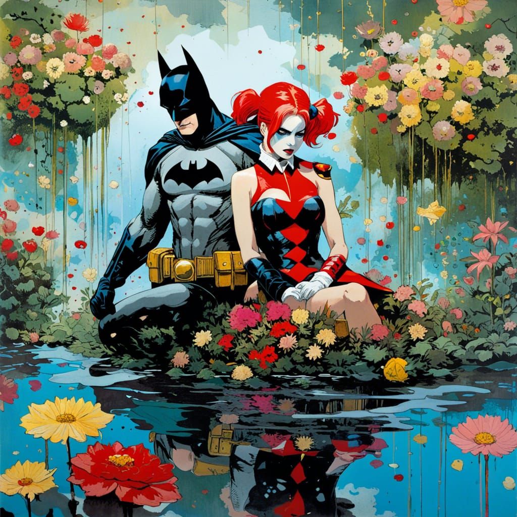 Batman and Harley Quinn in Flower Garden