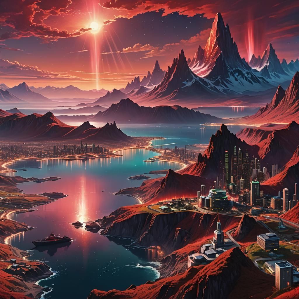 Futuristic Coastal City with Red Aurora Borealis