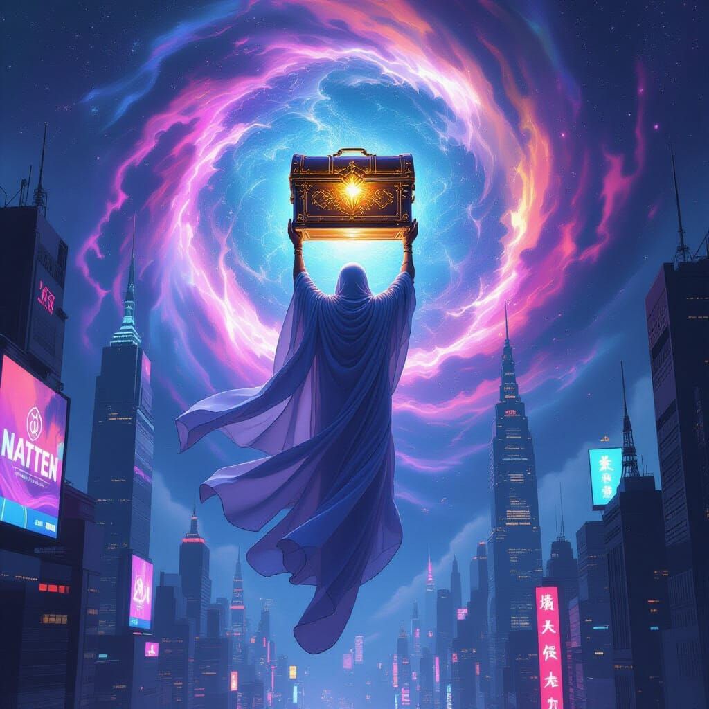 Celestial Being Descends with Treasure Above Neon City