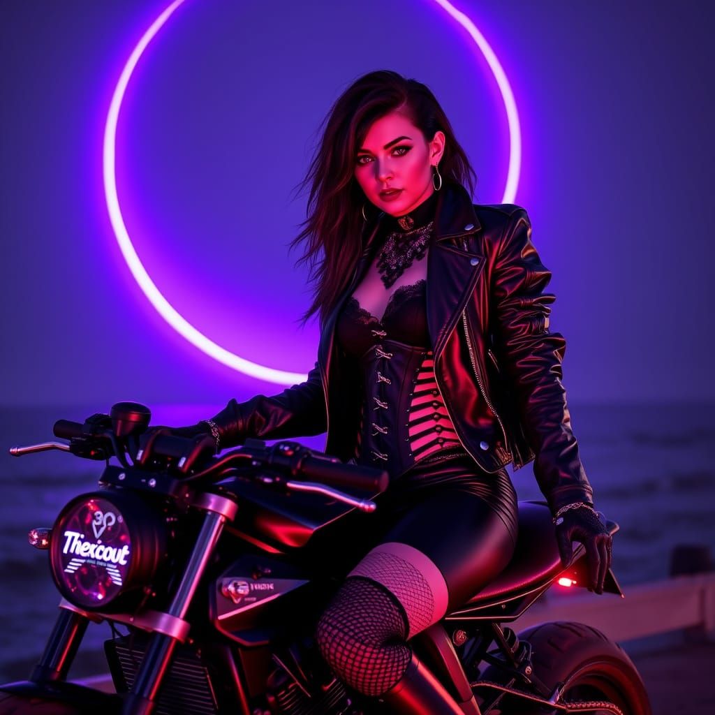 Gothic Woman on Motorcycle Under Neon Moon