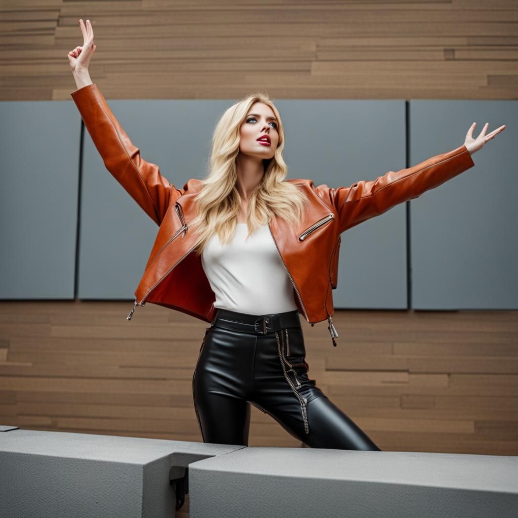 Blonde in Vinyl Jacket Strikes a Defiant Pose
