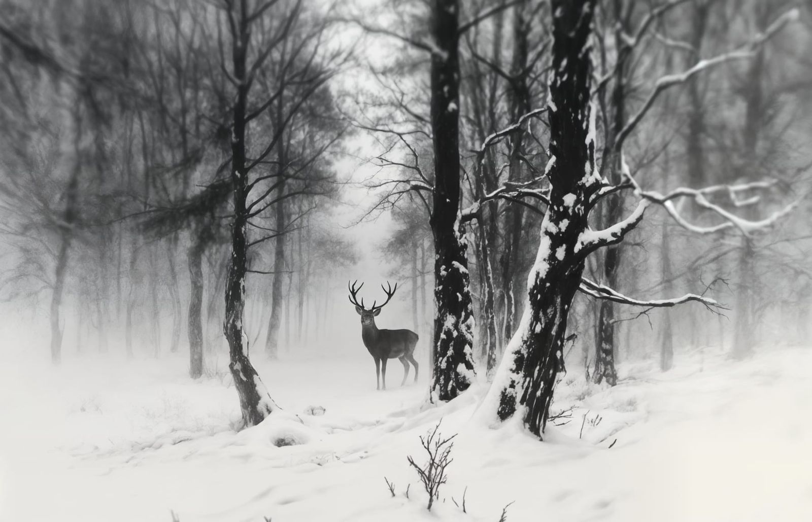 Deer in Misty Forest as Black Watercolour Masterpiece