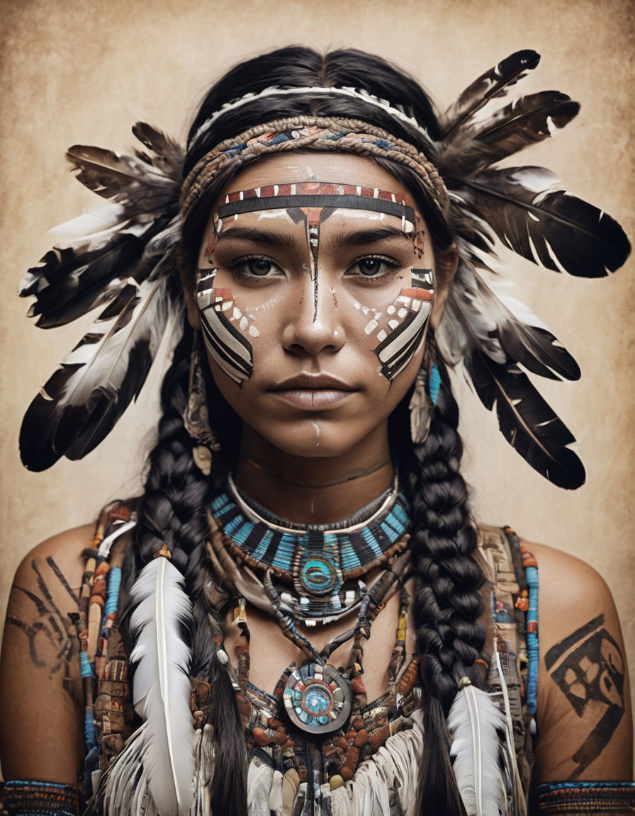 Native American Girl with Braids and Headdress
