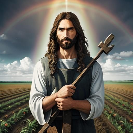 Jesus Plows a Field Under a Rainbow
