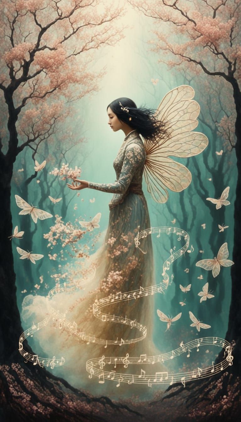 Ethereal Faerie in Misty Forest with Music Notes