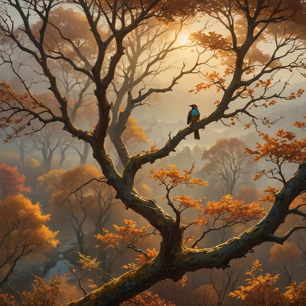 Autumn Tree and Bird in Fantasy Landscape